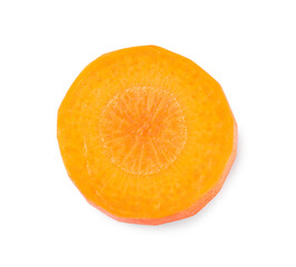 Fototapeta na wymiar Slice of fresh ripe carrot isolated on white, top view
