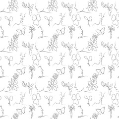 Modern minimalistic portraits with plants in doodles. A set of seamless abstract modern faces with a pattern in the form of a single drawn line. Continuous printing on fabric.