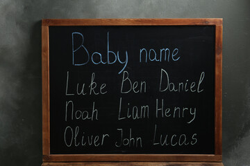 Fototapeta premium Blackboard with baby names near dark wall