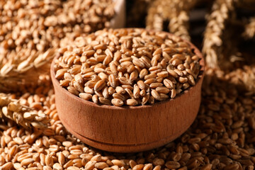 Closeup view of bowl and wheat grains