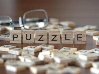 puzzle word or concept represented by wooden letter tiles on a wooden table with glasses and a book