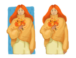 Young girl wearing oversize sweater and fall tree leaves in hands cozy and cute illustration 