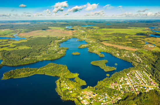 Lyepyel District, Vitebsk Region, Belarus. Aerial View Of Lepel Lake With Natural Small Islands. © Grigory Bruev