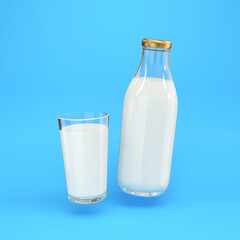 Glass bottle and glass with milk floating on a blue background, 3d render