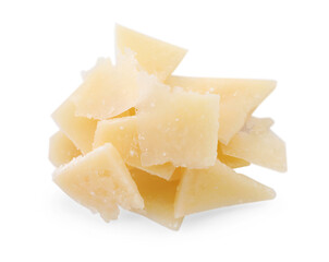 Pile of parmesan cheese pieces on white background, top view