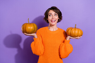 Portrait of attractive cheery girly hungry brown-haired girl holding pumpkins licking lip isolated on bright purple violet color background