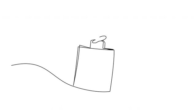 One continuous line drawing of hand holding bag. Self drawing animation of shopping concept.
