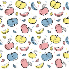 Fruity seamless pattern with blue, pink and yellow apples, apple slices and leaves on a white background. Vector background for paper, cover, fabric, gift wrapping, wall art.