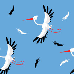 Seamless pattern with cute stork and big feathers. Big bird in a minimalist pattern