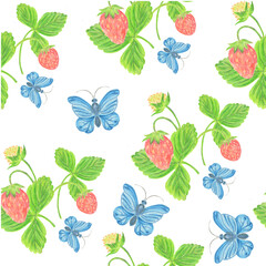 Strawberry pattern with a blue butterfly on a white background for textile, paper, wallpaper