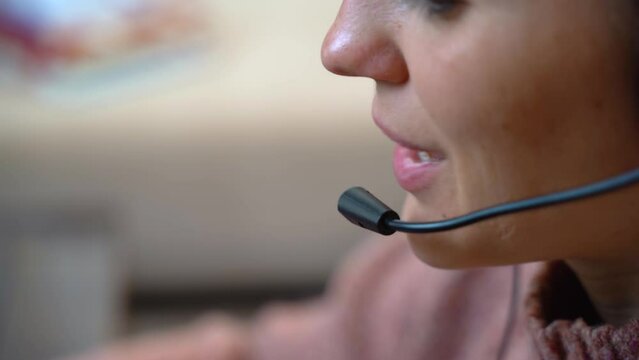 Call Center Concept. Close-up Telesales Agent With Headset Working From Home