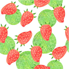 Seamless background of strawberry and abstract avocado color circle drawn in pencil. Juicy berry pattern