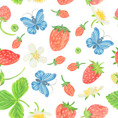 Strawberry pattern with a blue butterfly on a white background for textile, paper, wallpaper