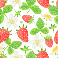 Strawberry pattern with strawberry leaves and flowers. Pattern with wild berries hand-drawn with pencils