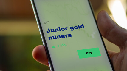 An investor's analyzing the  on screen. A phone shows the ETF's prices junior gold miners