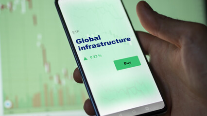 An investor's analyzing the stocks fund on screen. A phone shows the ETF's prices global infrastructure