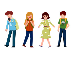 Set of young student. Tourists collection. Holiday trip with friend. Vector illustration