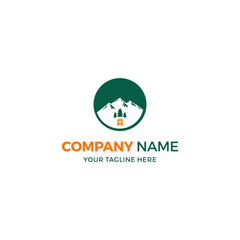 Obraz premium Mountain, Cloud, and Pine Tree Logo Template with Circular Frame
