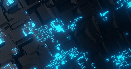 abstract background using geometric texture patterns and bright blue lines identical to tech sci-fi theme, orthographic camera, 3d rendering and 4K size