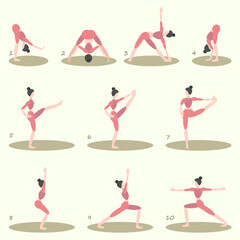A set of ten different yoga poses, a set of exercises. Woman in pink suit, minimalistic character from oval elements.