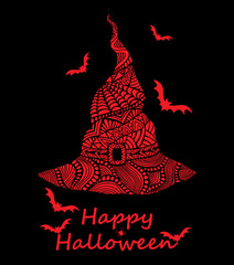 Fun Witch hat red color for Happy Halloween. Funny doodle style,crazy halloween.