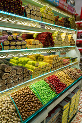 Typical Turkish products, placed in the showcases of the spice bazaar, in Istanbul.