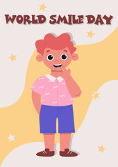 World smile day card with little smiling boy. Vector graphic.