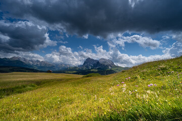 Moody sky over meadows in the Dolomites, Trentino Italy. Summer 2021