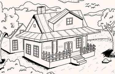 Hand Drawn Sketch Farm House Background