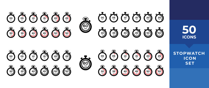 Timer icon set. Stopwatch timer collection. Timer or clock symbol. Countdown circle clock counter timer. Fast time icons - stock vector