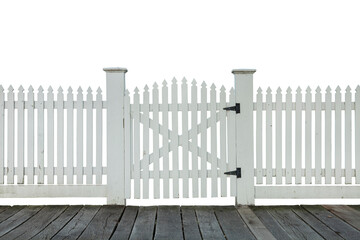 Old white picket fence with gate and wood sidewalk isolated on white background