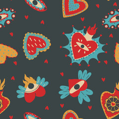 Mexican patterns with flowers, sugar skulls, burning hearts for the day of the dead