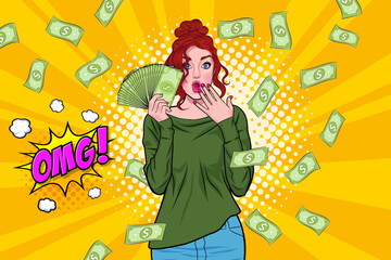 surprise business woman successful and shocking with Falling Money say WOW OMG Pop art retro comic style