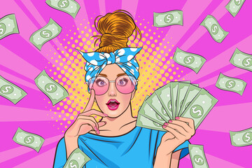 surprise business woman successful and shocking with Falling Money say WOW OMG Pop art retro comic style