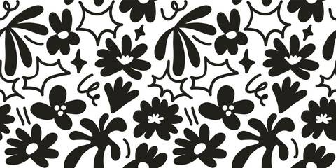 Abstract seamless pattern with cute hand drawn meadow flowers. Stylish natural background. Hand drawn design elements.