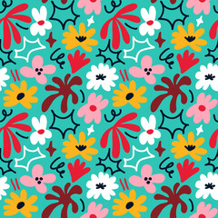 Abstract seamless pattern with cute hand drawn meadow flowers. Stylish natural background. Hand drawn design elements.