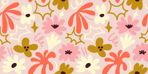 Abstract seamless pattern with cute hand drawn meadow flowers. Stylish natural background. Hand drawn design elements.