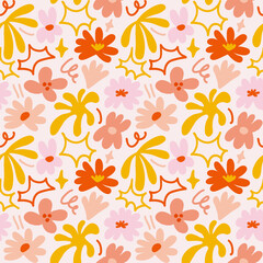 Abstract seamless pattern with cute hand drawn meadow flowers. Stylish natural background. Hand drawn design elements.