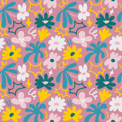 Abstract seamless pattern with cute hand drawn meadow flowers. Stylish natural background. Hand drawn design elements.