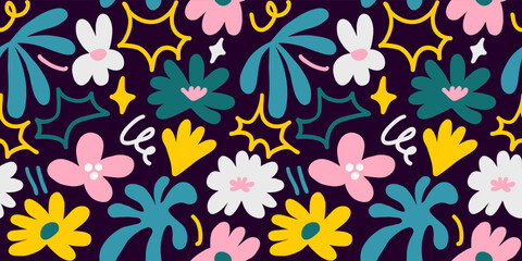 Abstract seamless pattern with cute hand drawn meadow flowers. Stylish natural background. Hand drawn design elements.