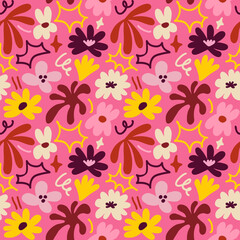 Abstract seamless pattern with cute hand drawn meadow flowers. Stylish natural background. Hand drawn design elements.