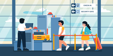 People Queue For Security Check In Airport, Vector, Illustration