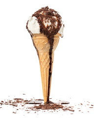 unstable waffle cone with white scoop, chocolate glaze and decorated chips of ice cream isolated on white background