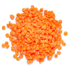 top view of soaked red lentils texture isolated on white background