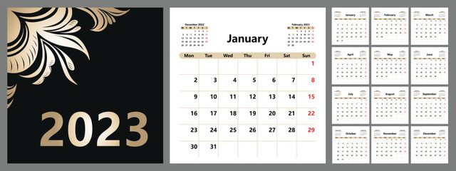 Planner calendar for 2023 with a beautiful cover, basic template. The week starts on Monday. Vector illustration