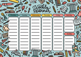 School timetable, weekly classes schedule on background. decorated with education and art supplies, Planner with student study items, basketball ball, books and pens. Vector color illustration.