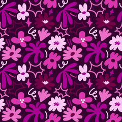 Abstract seamless pattern with cute hand drawn meadow flowers. Stylish natural background. Hand drawn design elements.
