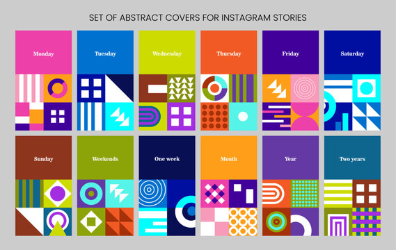 Set of abstract covers for Instagram stories. Bright and dynamic covers with days of the week with elements of geometric shapes.