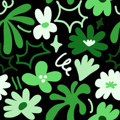 Abstract seamless pattern with cute hand drawn meadow flowers. Stylish natural background. Hand drawn design elements.