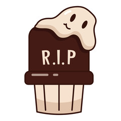 Tombstone and ghost cupcake. Halloween candy. tombstone with smiling ghost on muffin.